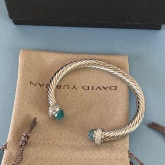 David Yurman Bracelet 7mm Sterling Silver Prasiolite Diamond Cable Classic Cuff - Picture 4 of 7